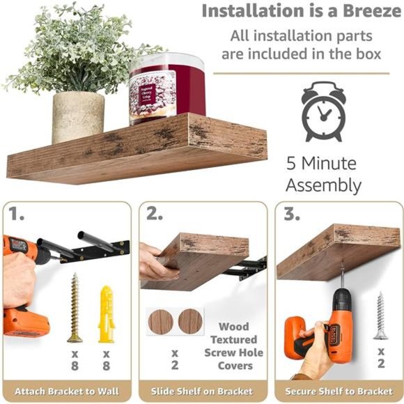 Floating Shelves for Wall - Set of 3 Rustic Wood Wall Shelves for Living Room - Picture 4 of 5